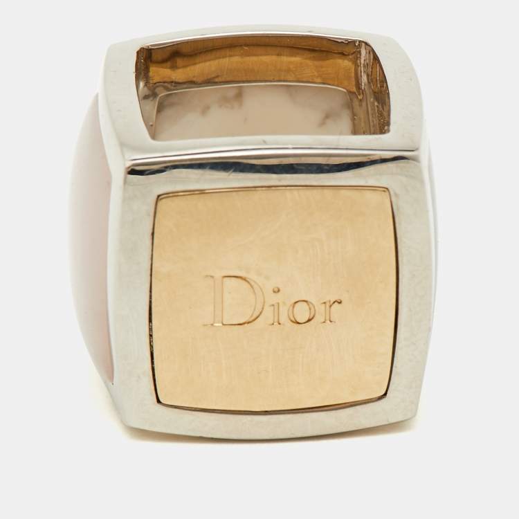 Pre Owned Dior Vintage Silver Tone  Quatz & Enamel Square Ring Size 52