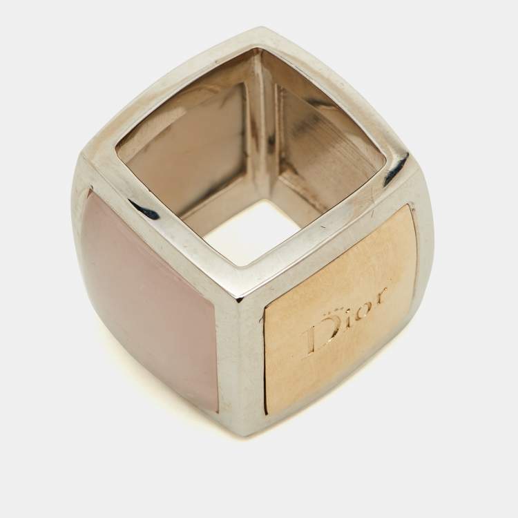 Pre Owned Dior Vintage Silver Tone  Quatz & Enamel Square Ring Size 52