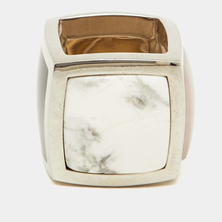 Pre Owned Dior Vintage Silver Tone  Quatz & Enamel Square Ring Size 52
