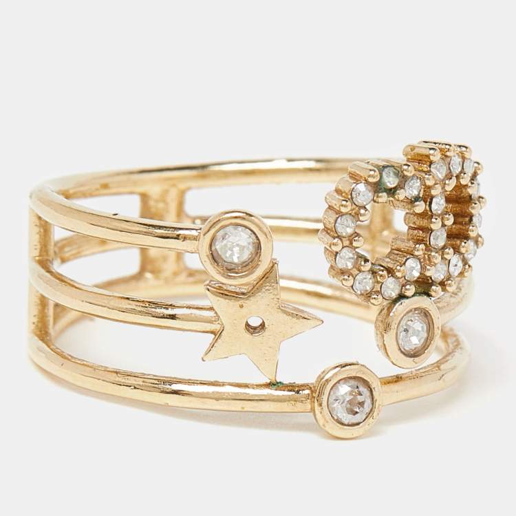 Pre Owned Dior CD Crystals Gold Tone Metal Ring Size 54