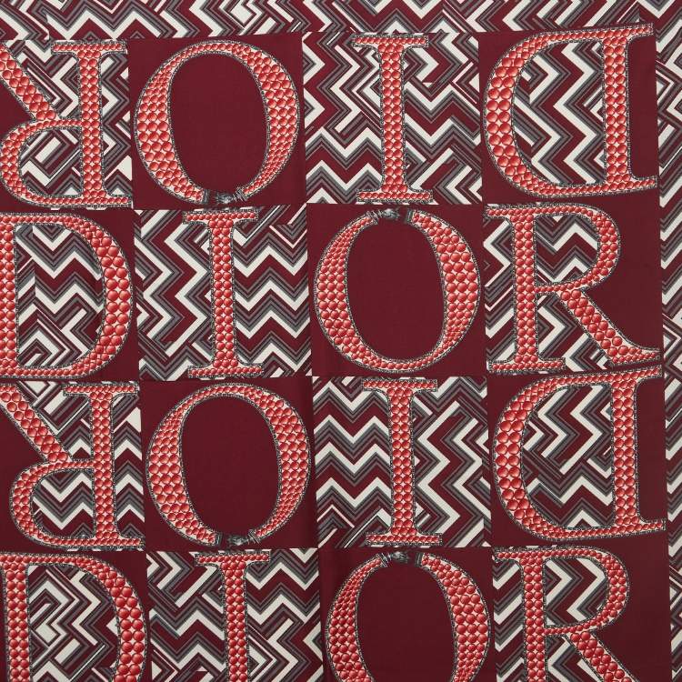 Pre Owned Dior Dark Burgundy Chevron Logo Print Silk Scarf