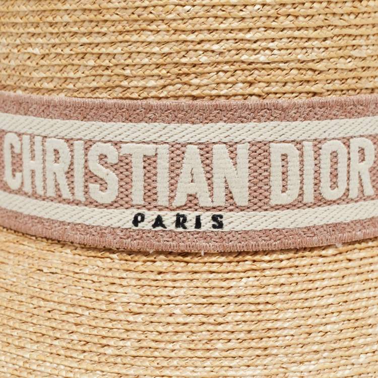 Pre Owned Christian Dior Beige/Pink Straw Logo Band Detail Dioresort Hat Size 57