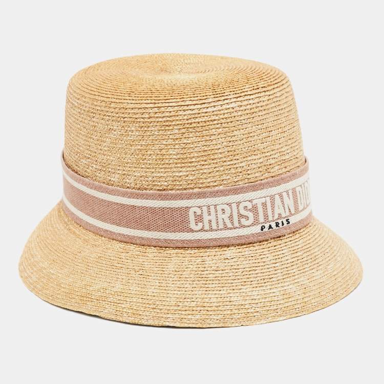 Pre Owned Christian Dior Beige/Pink Straw Logo Band Detail Dioresort Hat Size 57