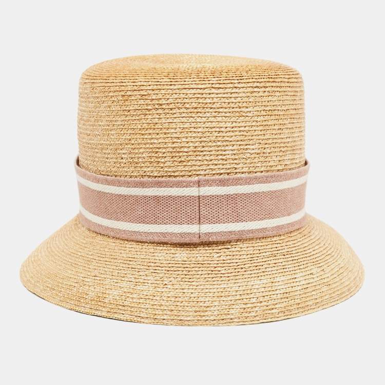 Pre Owned Christian Dior Beige/Pink Straw Logo Band Detail Dioresort Hat Size 57