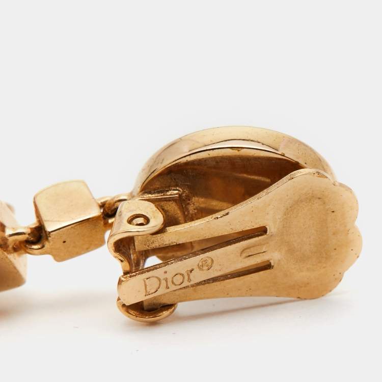 مملوكة مسبقًا Dior Gold Tone Crystal Composite Gold Tone Drop D Clip-on Earrings