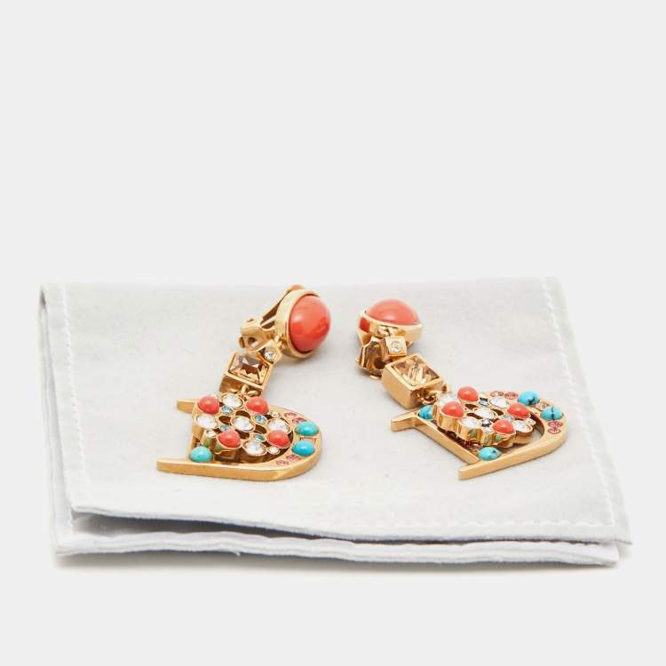 مملوكة مسبقًا Dior Gold Tone Crystal Composite Gold Tone Drop D Clip-on Earrings