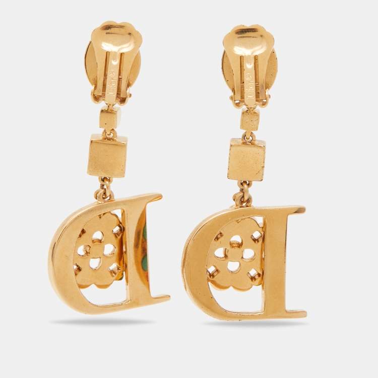 مملوكة مسبقًا Dior Gold Tone Crystal Composite Gold Tone Drop D Clip-on Earrings