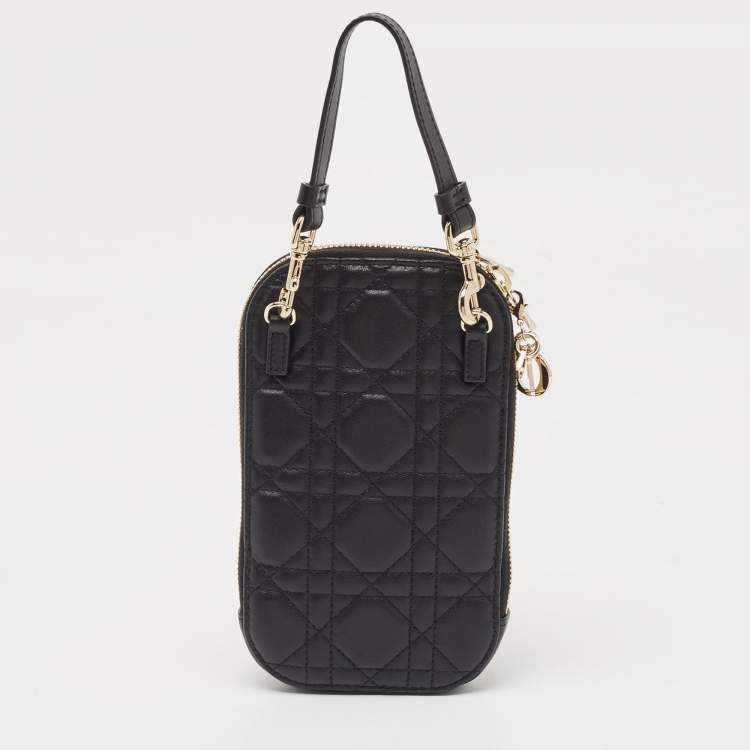 Pre Owned Dior Black Cannage Leather Lady Dior Chain Phone Holder 