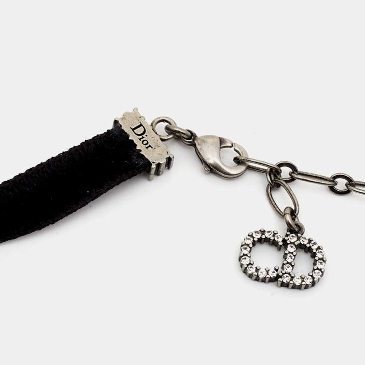 Pre Owned Dior Star Crystals Silver Tone Velvet Choker Necklace