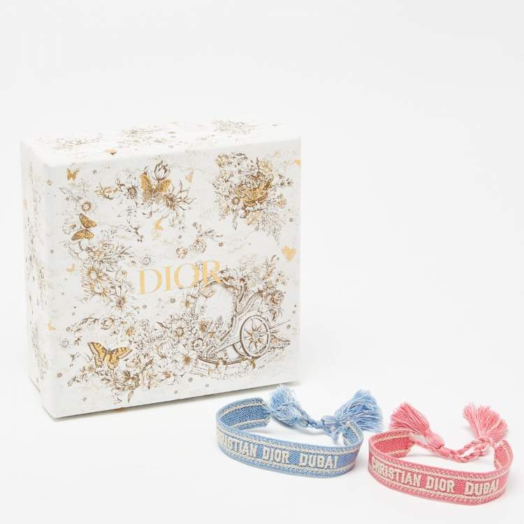 Pre Owned Dior Placid Blue/Pink Christain Dior Dubai Embroidered Cotton Bracelet Set