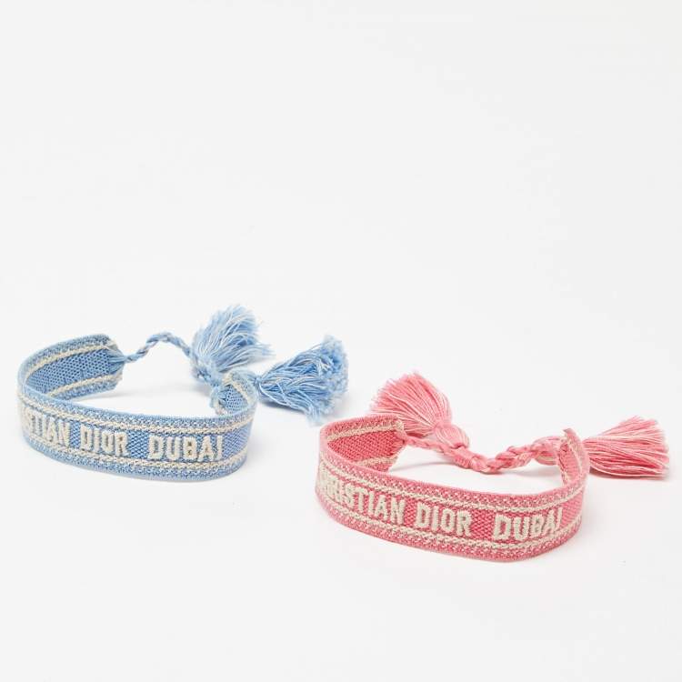 Pre Owned Dior Placid Blue/Pink Christain Dior Dubai Embroidered Cotton Bracelet Set