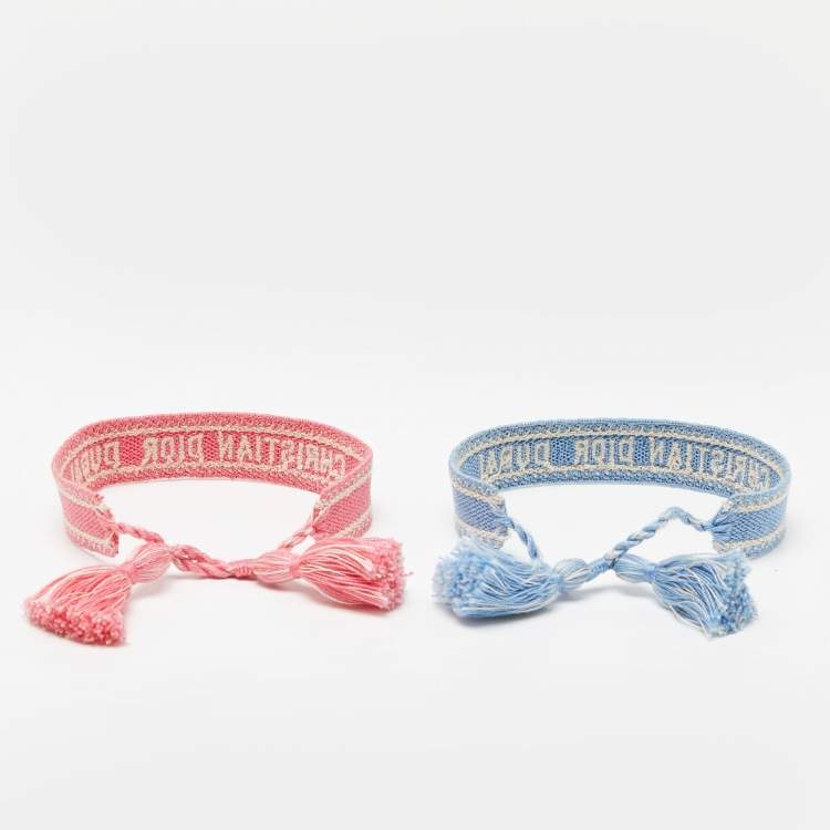 Pre Owned Dior Placid Blue/Pink Christain Dior Dubai Embroidered Cotton Bracelet Set