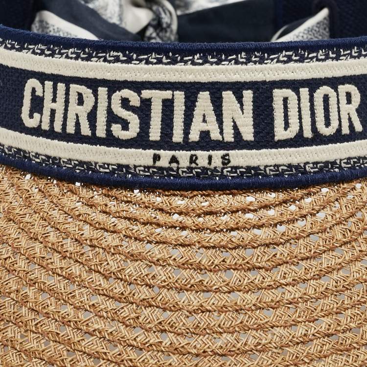 Pre Owned Dior Navy Blue Straw & Embroidered Canvas Mitzah D-Ocean Visor Cap