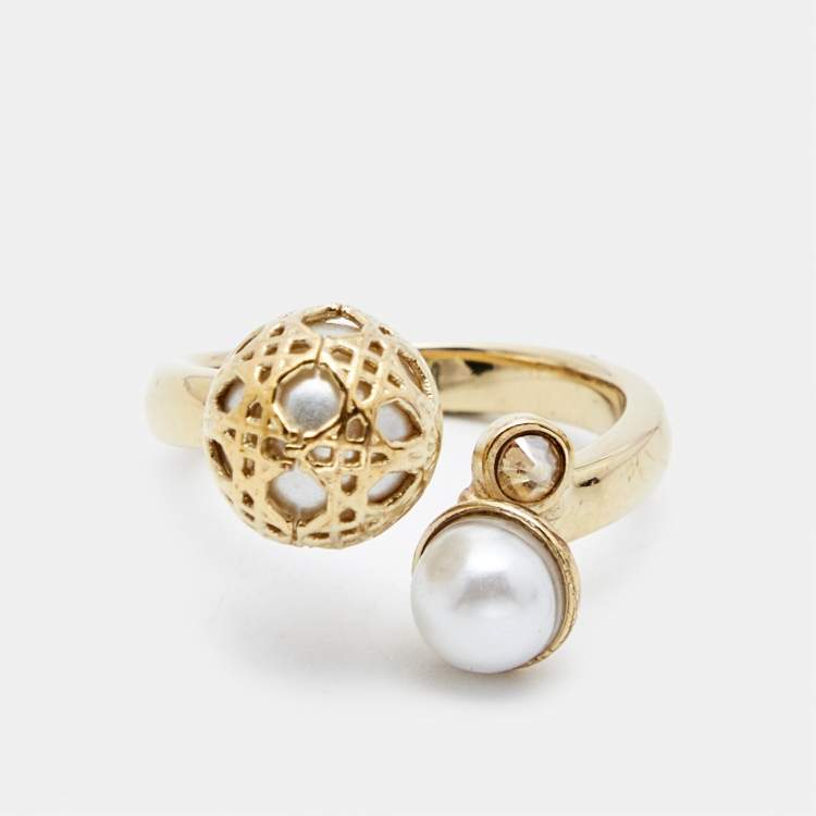 Pre Owned Dior Secret Cannage Faux Pearl Crystal Gold Tone Open Ring Size 53 