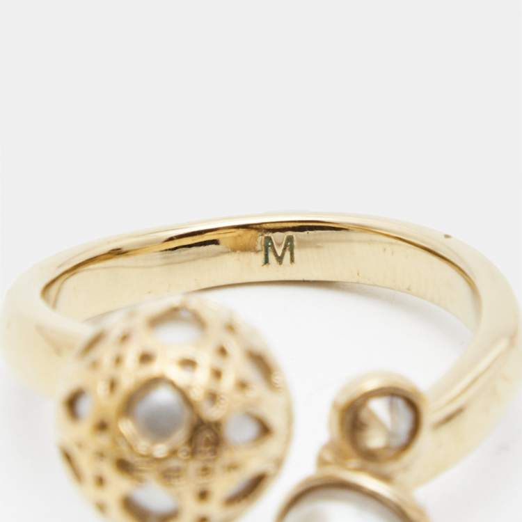 Pre Owned Dior Secret Cannage Faux Pearl Crystal Gold Tone Open Ring Size 53 