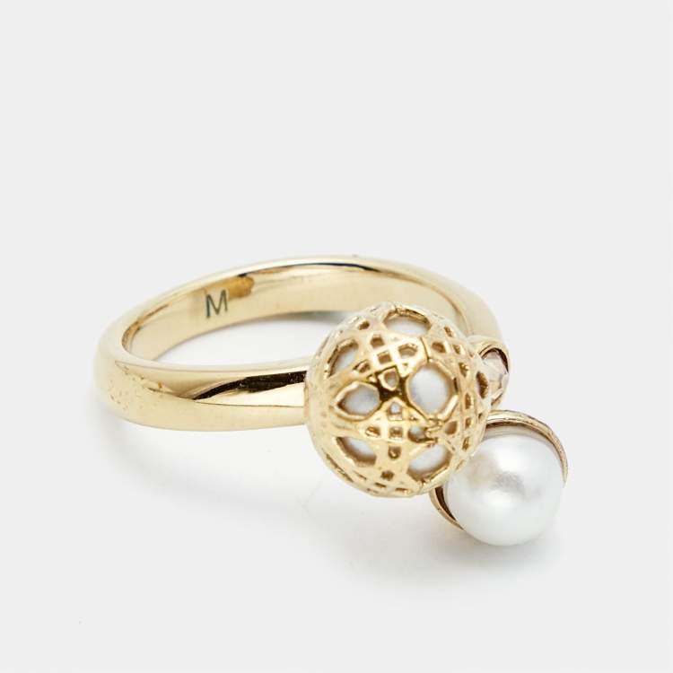 Pre Owned Dior Secret Cannage Faux Pearl Crystal Gold Tone Open Ring Size 53 