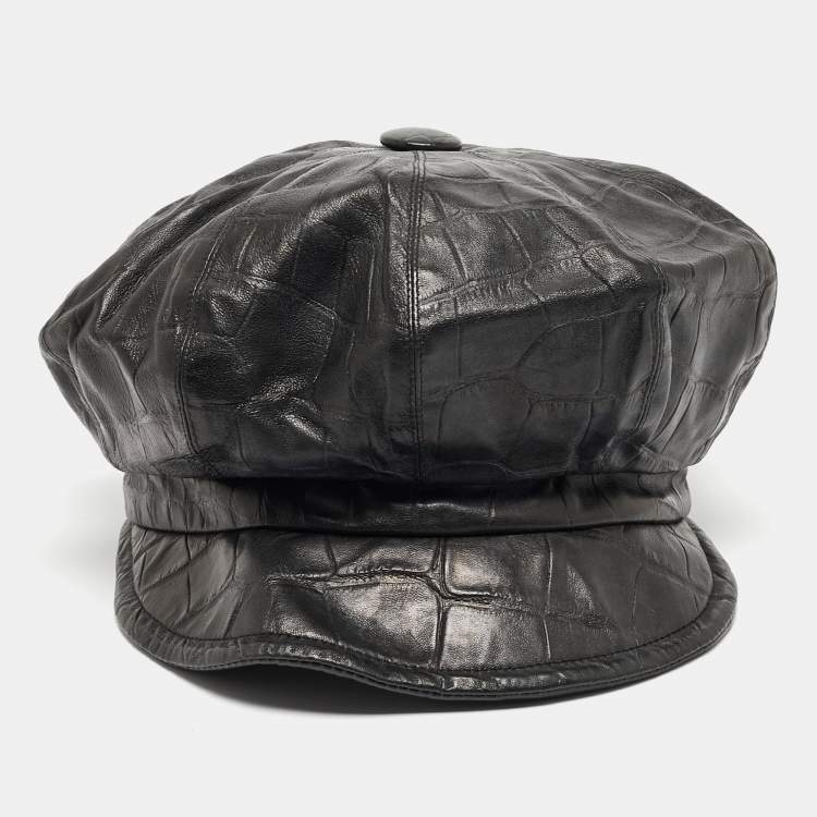 Pre Owned Dior Black Croc Embossed Leather Newsboy Cap