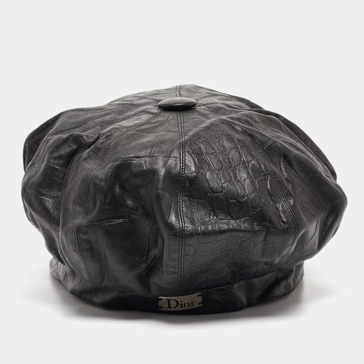 Pre Owned Dior Black Croc Embossed Leather Newsboy Cap