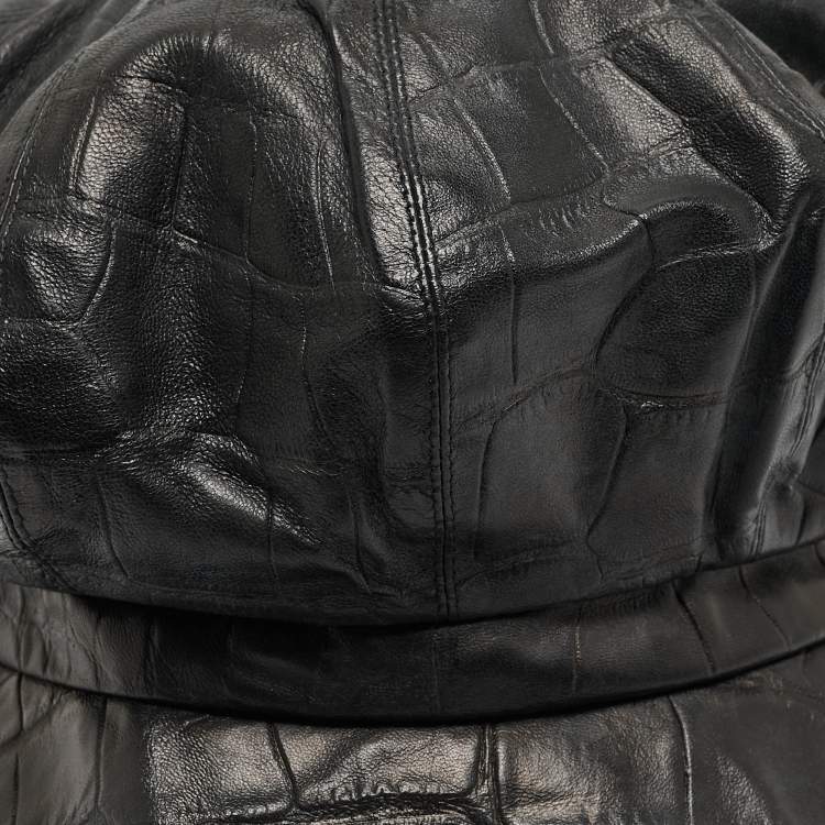 Pre Owned Dior Black Croc Embossed Leather Newsboy Cap