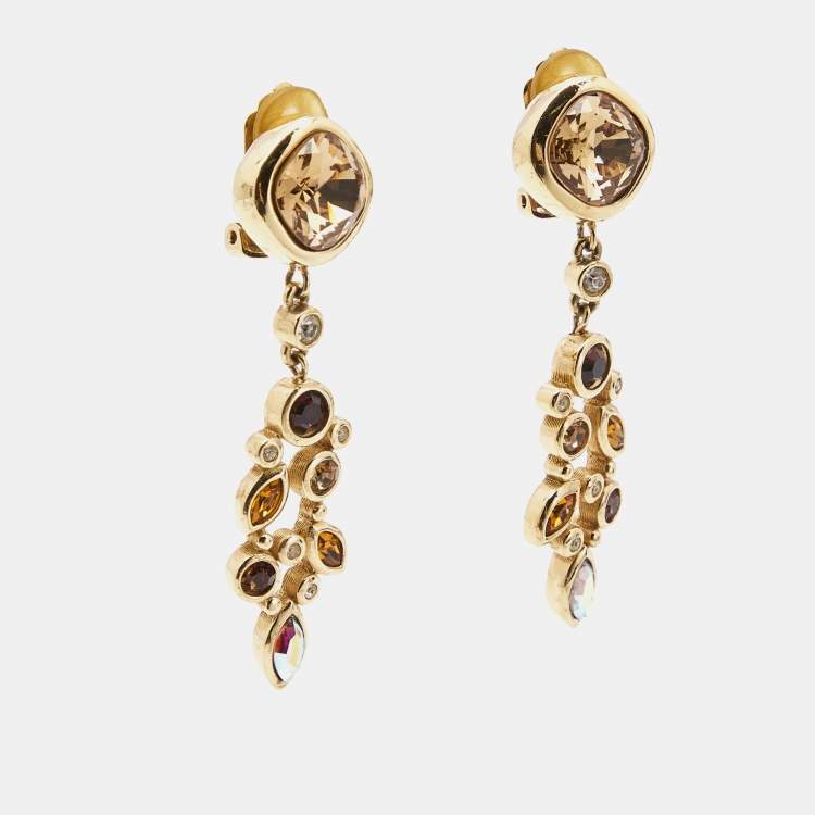 Pre Owned Christian Dior Crystals Gold Tone Earrings