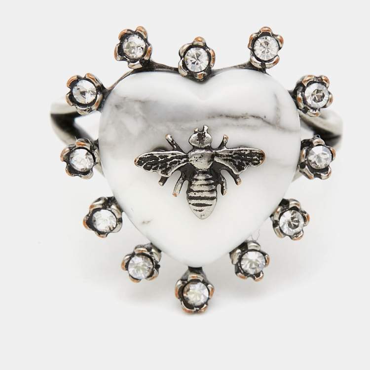 Pre Owned Dior 'Blue Bohèmienne' Bee Crystal Resin Silver Tone Ring Size 52 