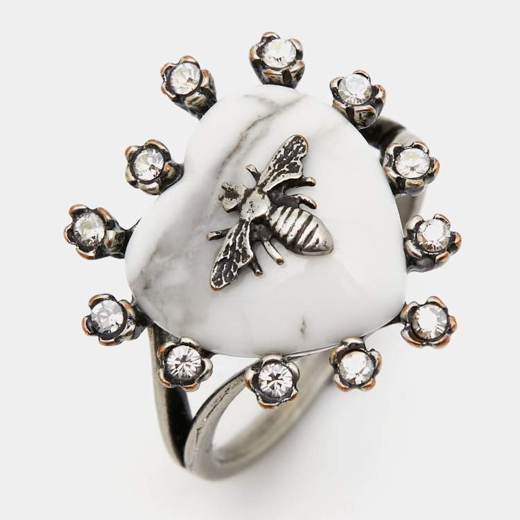 Pre Owned Dior 'Blue Bohèmienne' Bee Crystal Resin Silver Tone Ring Size 52 