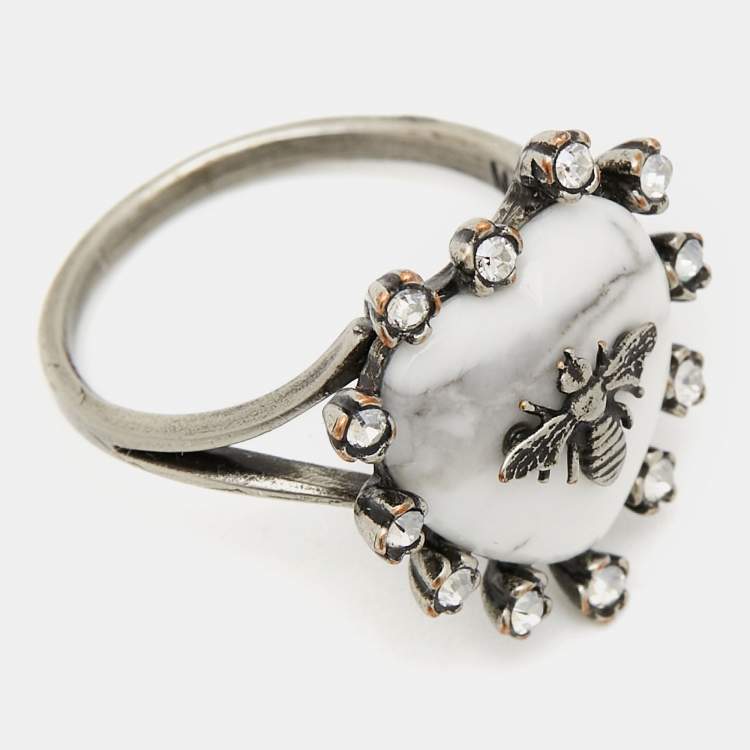 Pre Owned Dior 'Blue Bohèmienne' Bee Crystal Resin Silver Tone Ring Size 52 