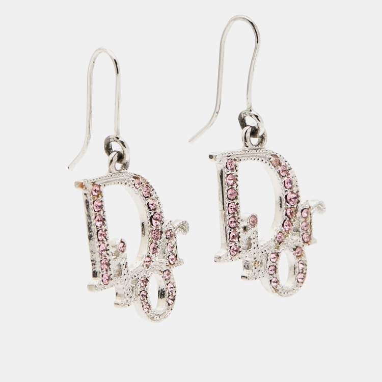 Pre Owned Dior Logo Crystal Silver Tone Necklace and Earrings