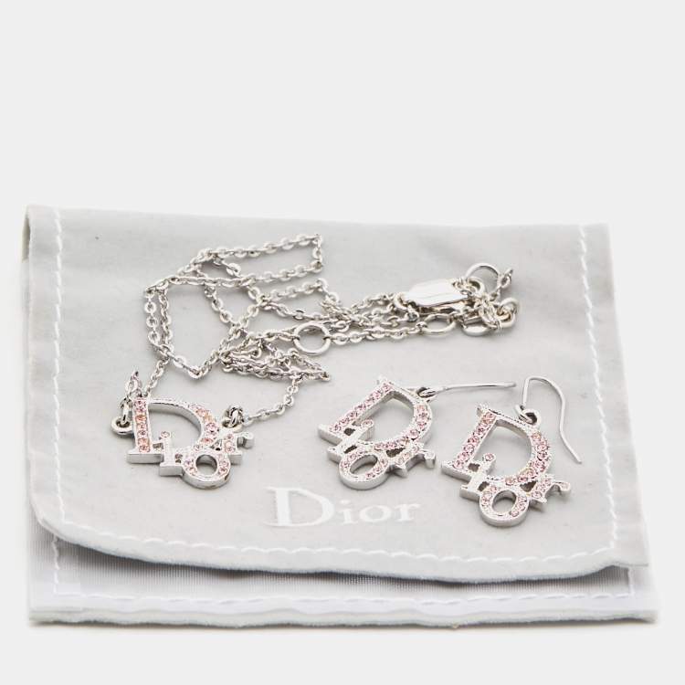Pre Owned Dior Logo Crystal Silver Tone Necklace and Earrings