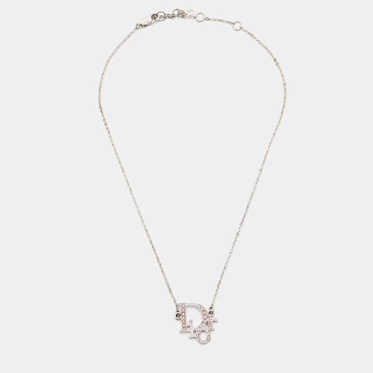 Pre Owned Dior Logo Crystal Silver Tone Necklace and Earrings