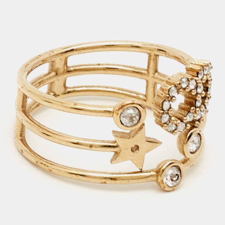 Pre Owned Dior CD Crystals Gold Tone Metal Ring Size 54