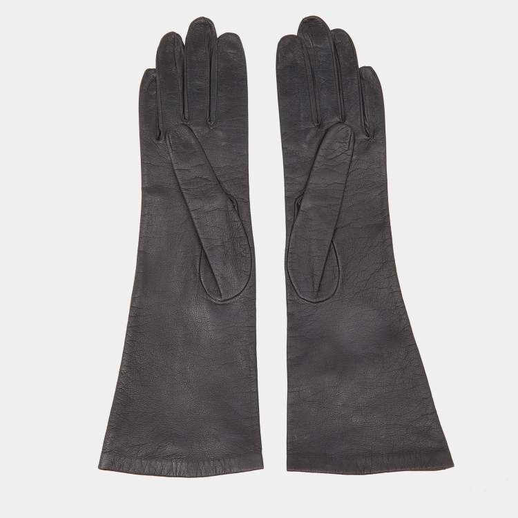 Pre Owned Christian Dior Vintage Chevreau Black Leather Gloves Size 6