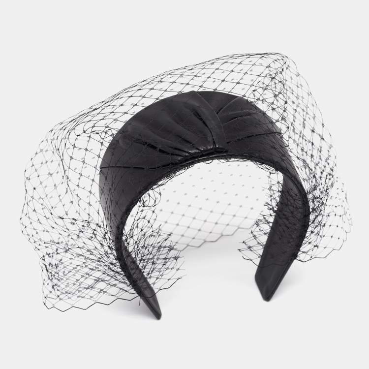 Pre Owned Dior Black Leather Veil Trimmed Poesy Headband One Size