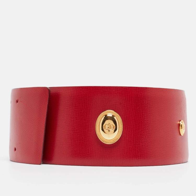 Pre Owned Dior Red Leather Embellished Wide Waist Belt 106CM