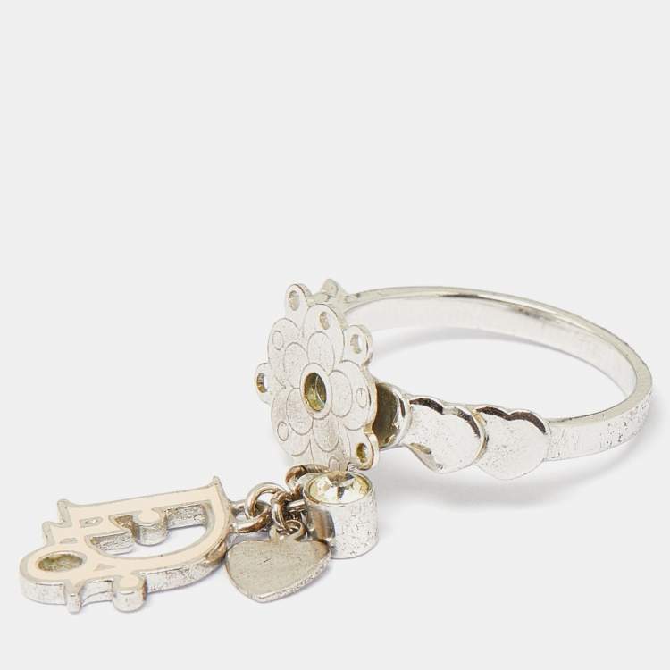 Pre Owned Dior Bague Enamel Crystal Silver Tone Charm Ring Size 52