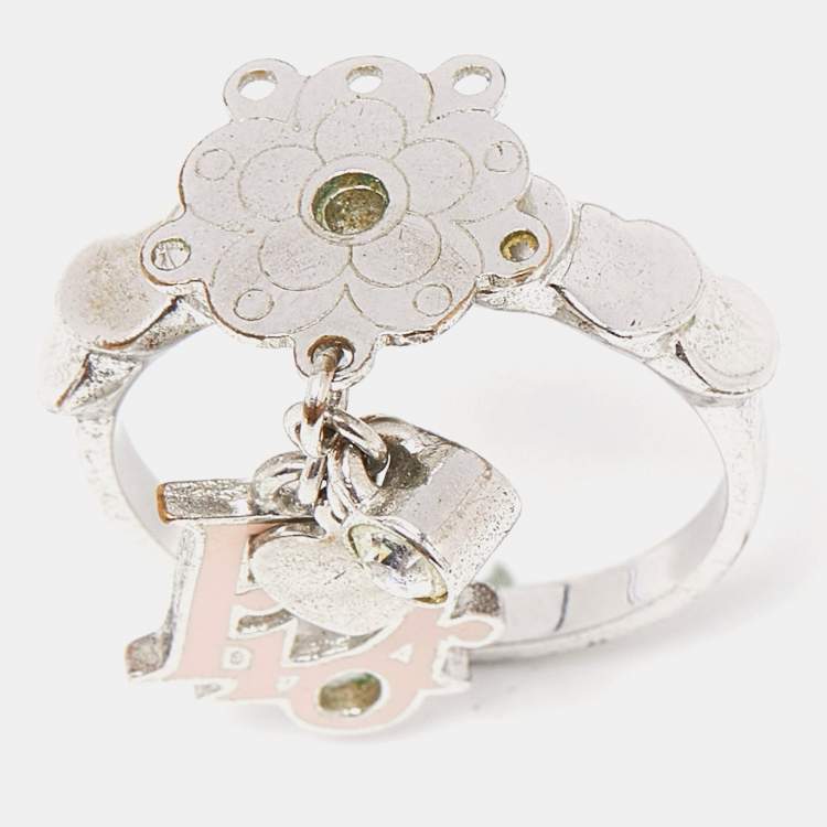 Pre Owned Dior Bague Enamel Crystal Silver Tone Charm Ring Size 52