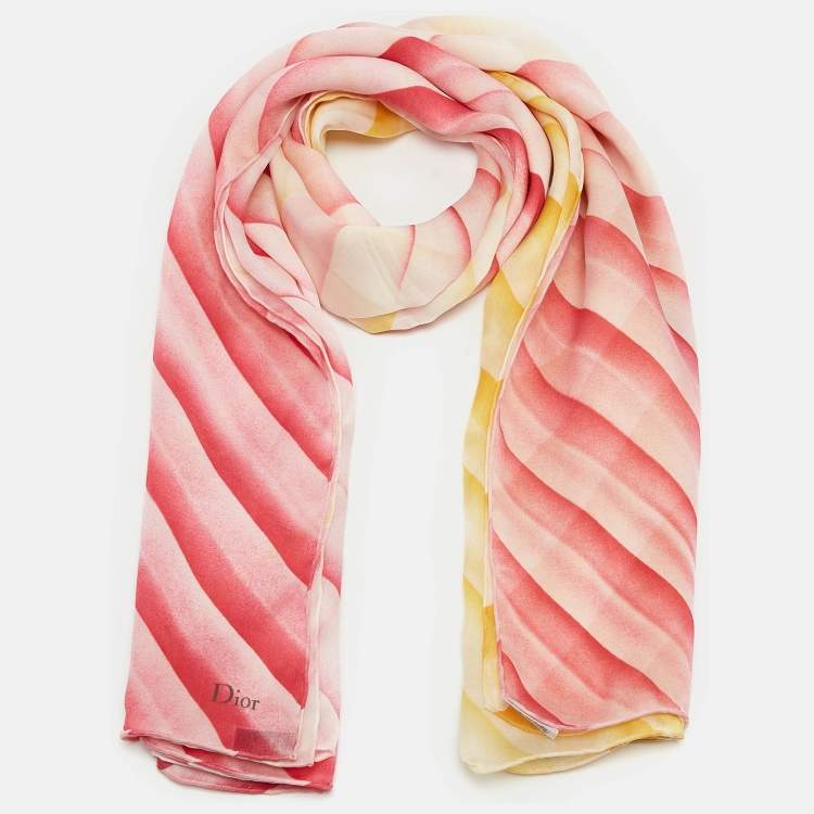 Pre Owned Christian Dior Pink/Yellow Diagonal Stripe Silk Square Scarf 