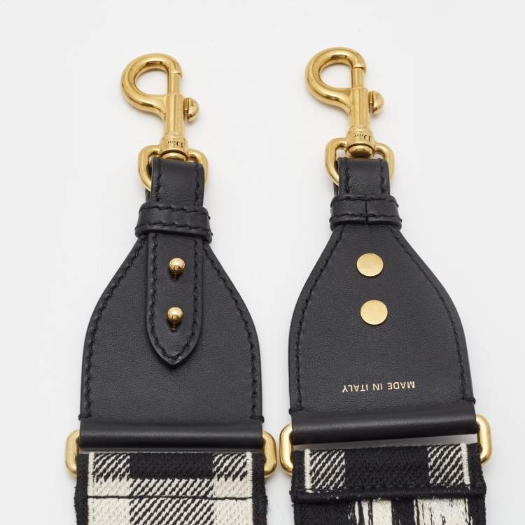 Pre Owned Dior Black/White Embroidered Canvas and Leather Embellished Shoulder Bag Strap