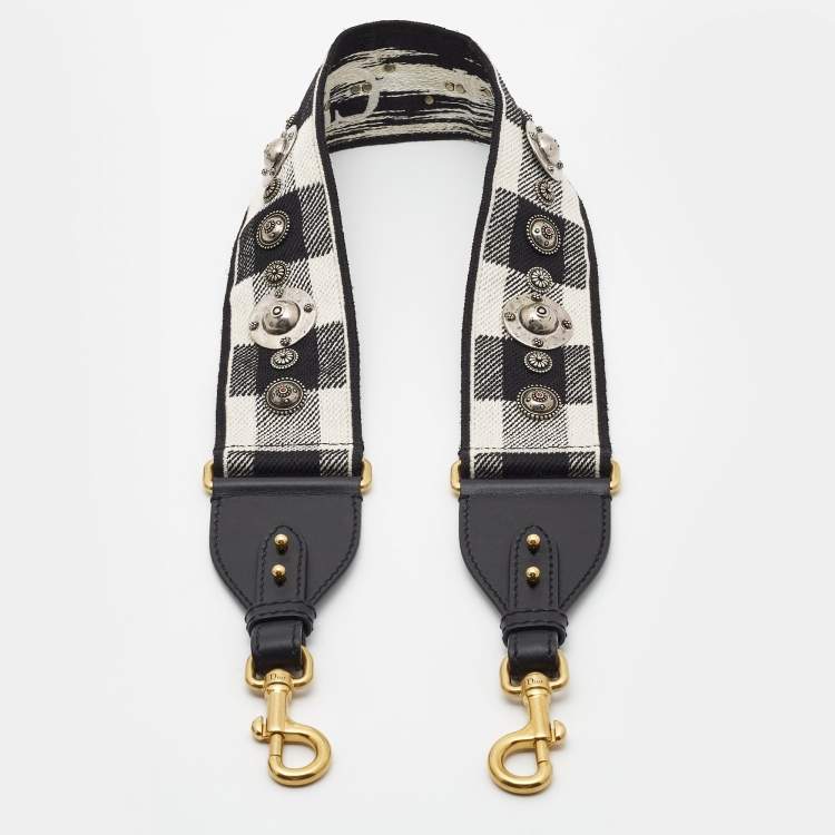 Pre Owned Dior Black/White Embroidered Canvas and Leather Embellished Shoulder Bag Strap