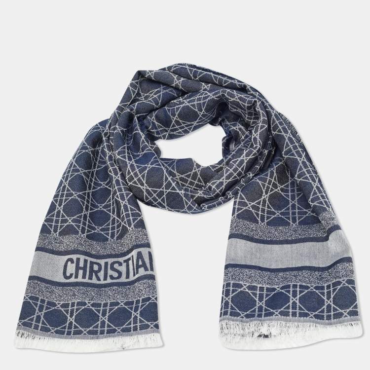 Pre Owned Christian Dior Blue Patterned Cashmere Blend Scarf 