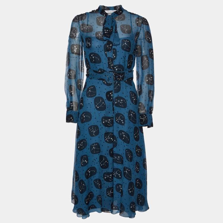 Pre Owned Dior Blue Constellation Printed Silk Tie-Neck Detail A-Line Midi Dress S