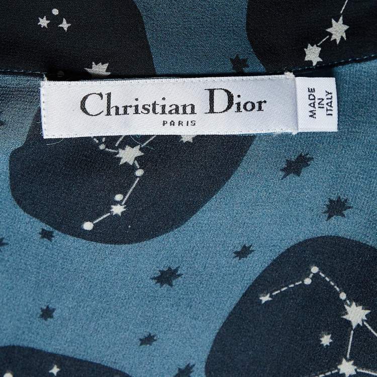 Pre Owned Dior Blue Constellation Printed Silk Tie-Neck Detail A-Line Midi Dress S