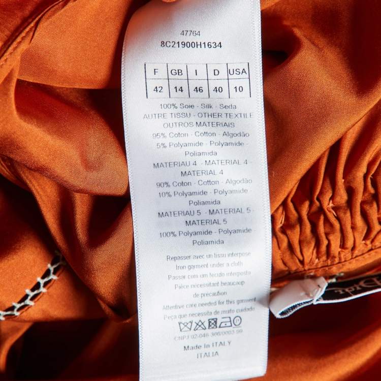 Pre Owned Dior Orange Silk Smocked & Lace Trimmed  Maxi Dress L