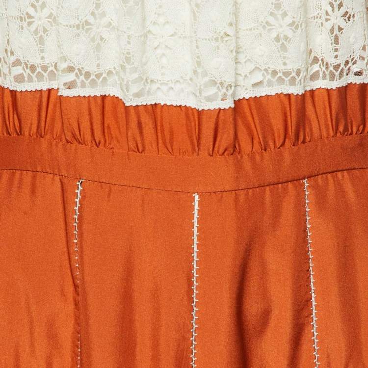 Pre Owned Dior Orange Silk Smocked & Lace Trimmed  Maxi Dress L
