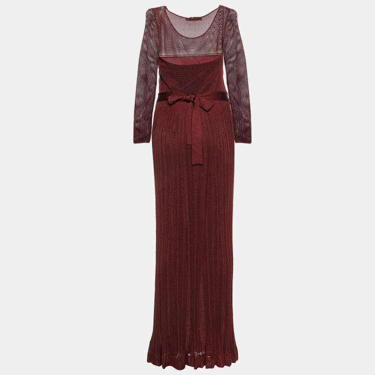 Pre Owned Dior Dark Red Knit Full Sleeves Maxi Dress M