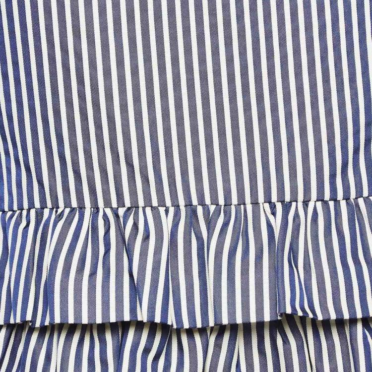 Pre Owned Dior White/Blue Stripe Patterned Cotton & Silk Blend Ruffled Top S