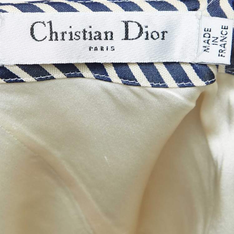 Pre Owned Dior White/Blue Stripe Patterned Cotton & Silk Blend Ruffled Top S