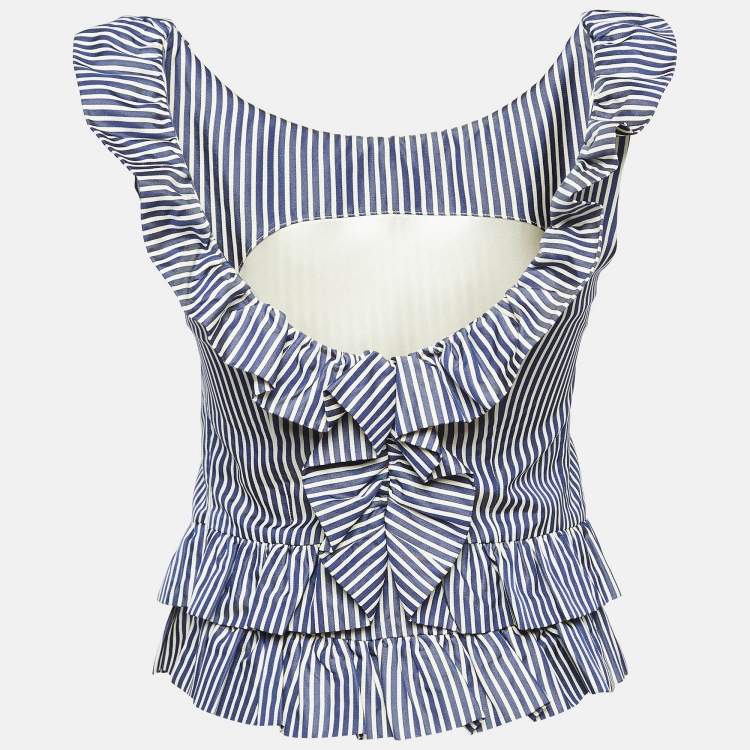 Pre Owned Dior White/Blue Stripe Patterned Cotton & Silk Blend Ruffled Top S