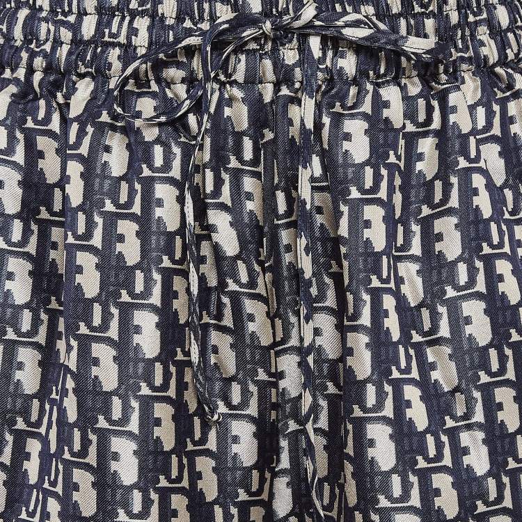 Pre Owned Christian Dior Navy Blue Oblique Patterned Silk Culotte Pants S