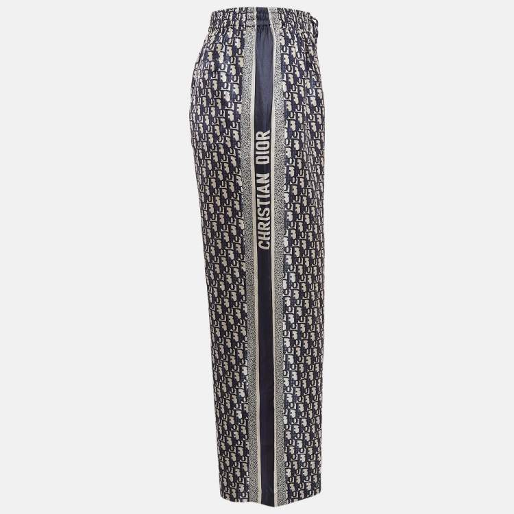 Pre Owned Christian Dior Navy Blue Oblique Patterned Silk Culotte Pants S